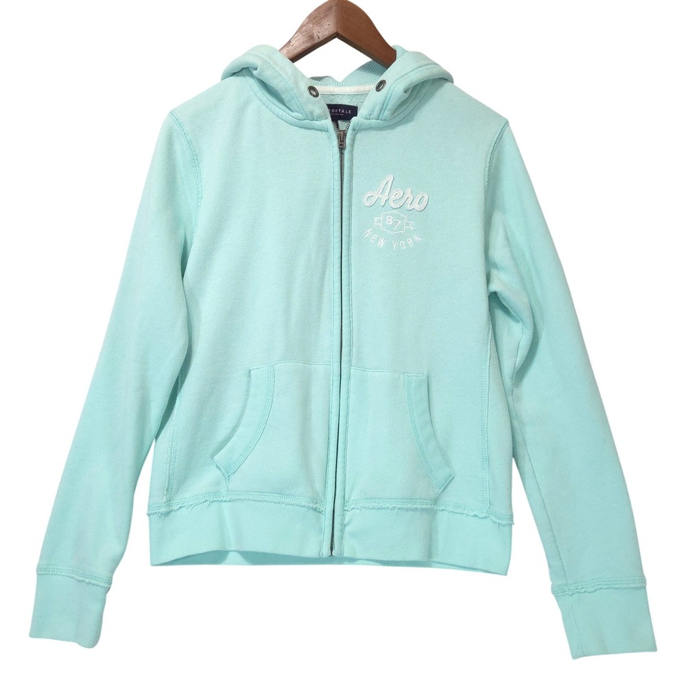 Aeropostale Full Zip Fleece Hoodie Womens L Mint Blue Aero 87 Y2K Layering Comfy